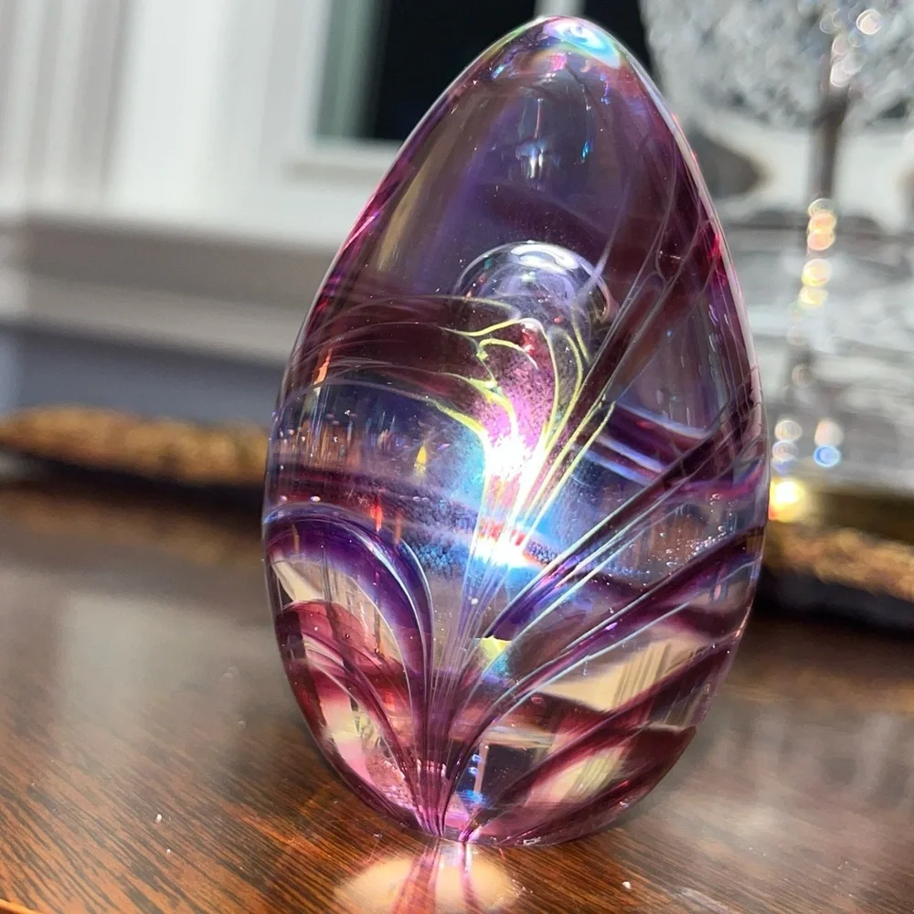 Glass Eye Studio Egg Iridescent Suspended Bubble Paperweight - Marked GES 96
